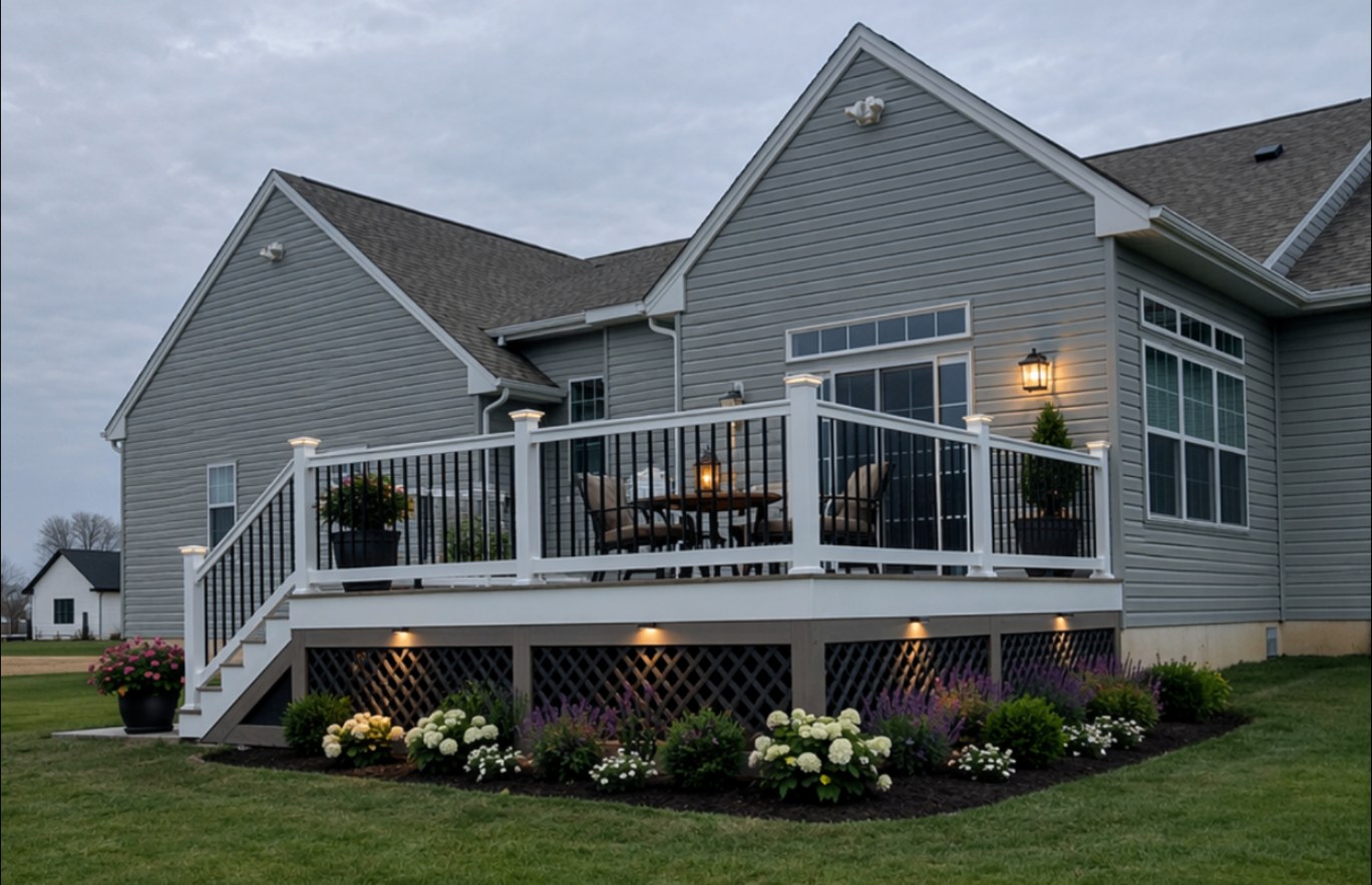 Custom deck with white railing and evening lights